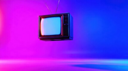 Poster - Vintage television floating in a vibrant purple and blue background, creating a retro ambiance