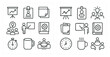 © Александр Михайлюк - Set of icons for a business meeting. The icons include a person giving a presentation, a book, a clock, a cup, and a person pointing. The icons convey the idea of a professional meeting