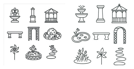 Poster - Set of garden and park elements, including benches, fountains, and arches. Scene is serene and peaceful, with the various elements working together to create a calming atmosphere