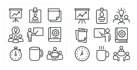 Poster - Set of icons for a business meeting. The icons include a person giving a presentation, a book, a clock, a cup, and a person pointing. The icons convey the idea of a professional meeting