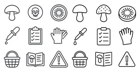 Poster - Set of icons for various items, including a mushroom, a skull, a basket, a book, a shopping basket, a bottle, a knife, a glove, a pen, a clipboard, a shopping cart, a hand, a fork,