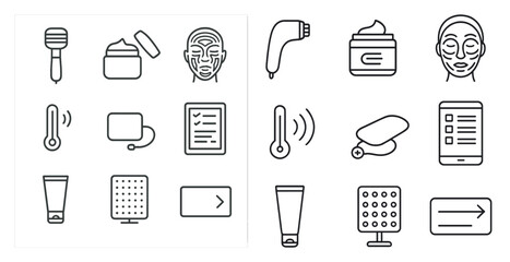 Poster - Set of icons for beauty and personal care products. The icons include a toothbrush, a cup, a bottle, a brush, a comb, a mirror, a thermometer, a bottle of lotion, a bottle of shampoo