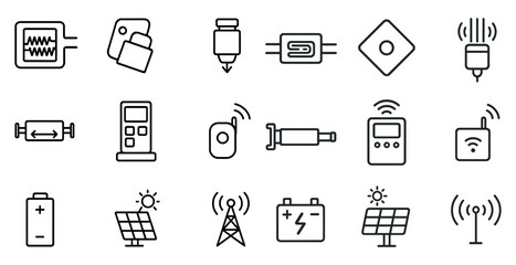 Poster - Collection of icons for various electronic devices and gadgets. The icons include a cell phone, a remote control, a battery, a solar panel, a computer, a keyboard, a mouse, a printer, a camera