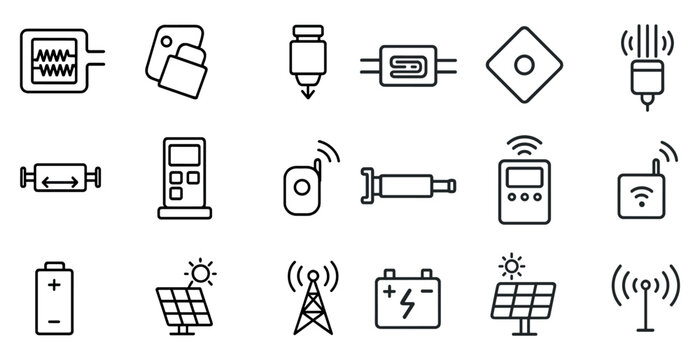 Collection of icons for various electronic devices and gadgets. The icons include a cell phone, a remote control, a battery, a solar panel, a computer, a keyboard, a mouse, a printer, a camera