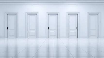 Poster - A serene hallway featuring four identical white doors against a minimalist backdrop