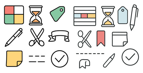 Poster - Collection of icons and symbols, including a clock, scissors, and a pen. Scene is one of productivity and organization