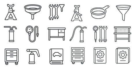Aufkleber - Set of tools and equipment for a mechanic shop. The tools include wrenches, sockets, and a jack. The shop also has a desk, a book, and a bench