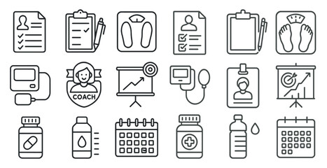 Poster - Set of icons for health and fitness, including a calendar, a bottle, a scale, and a person