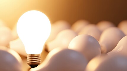 Poster - A glowing light bulb stands out among a crowd of white light bulb shapes, symbolizing innovation