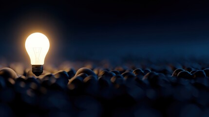 Poster - A glowing light bulb stands out amidst a sea of dark, rounded shapes in a dimly lit environment