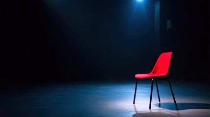 Poster - A solitary red chair illuminated by dramatic lighting on a dark stage, evoking a sense of anticipation