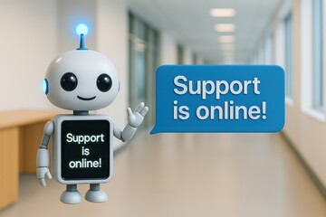 Poster - A futuristic robot assistant, with a speech bubble. The robot is a helpful guide providing support. customer support service