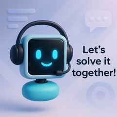 Poster - An inviting illustration of a friendly customer service chatbot. A blue bot with a radiant smile, wearing a headset, invites viewers with a message of problem-solving cooperation.