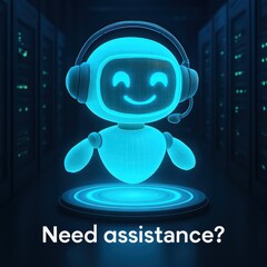 Poster - A cheerful, glowing virtual assistant, equipped with a headset, stands ready to offer assistance in a high-tech setting, all rendered in a captivating neon glow, The text invites engagement.