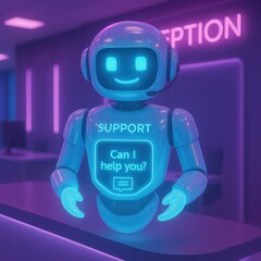 Poster - An advanced support bot stands ready, offering assistance in a sleek, futuristic office setting. The bot's friendly face and helpful prompts convey the essence of modern customer service.
