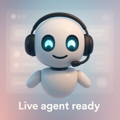 Poster - A cute and friendly robot agent is ready to help in a futuristic environment, communicating with a user through headset and microphone. customer support service