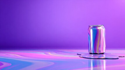 Poster - Colorful metallic can on a vibrant, abstract background with spilled liquid creating a dynamic scene