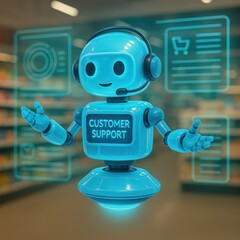 Poster - A modern Customer Support robot in a grocery store, offering friendly assistance and information, with interactive holographic displays, illustrating the future of service. customer support service