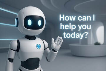 Poster - A friendly white AI robot with a glowing blue screen asks, 