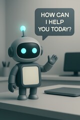 Poster - An inviting robot with a speech bubble offering assistance in a modern workspace. Capturing the essence of AI and its helpful interaction with the user. customer support service