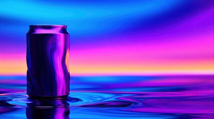 Poster - A reflective soda can resting on vibrant, swirling water with a colorful sunset backdrop