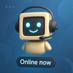 Poster - A friendly online assistant with retro computer screen as head, equipped with a headset, a smiling face, and an 