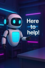 Poster - A futuristic robot is here to help! A welcoming message is displayed as the AI assistant offers support. customer support service