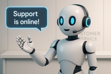 Poster - A friendly robot character wearing a headset is offering online support and smiling, in the environment with the chat bubble that says 