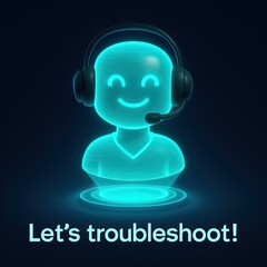 Poster - A futuristic and friendly character in a holographic style, representing tech support with a headset, ready to assist. The phrase 