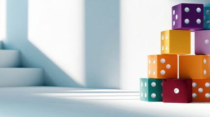 Poster - Colorful stacking dice arranged in a bright room with shadows and stairs in the background