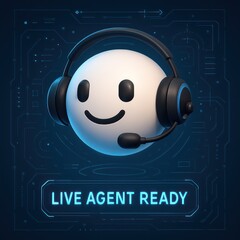 Poster - smiling emoticon with headset, live agent ready, customer support, help. customer support service