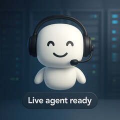Poster - A cheerful support bot stands ready to provide assistance, smiling and equipped with a headset.  A technological symbol of friendly and efficient customer service, with a 