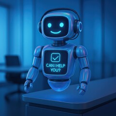 Poster - A friendly AI robot with headset and a cheerful display, hovering over a desk in a futuristic workspace, ready to assist. customer support service