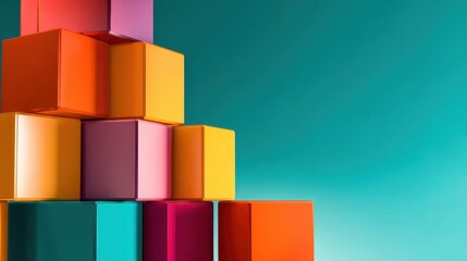 Poster - Colorful stacked cubes in vibrant hues against a teal background, creating a playful atmosphere