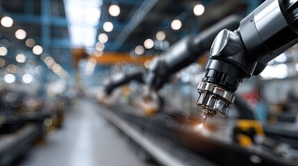 Poster - Robotic arms work on metal car panels, providing precision in assembly and paint correction in a modern factory environment