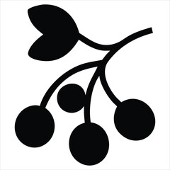 Poster - A simple black silhouette of a branch with leaves and berries isolated on a white background representing nature and organic elements