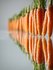 Poster - Line of Fresh Carrots Standing Vertically on a Mirrored Surface Showcasing Natural Reflections Under Soft Lighting