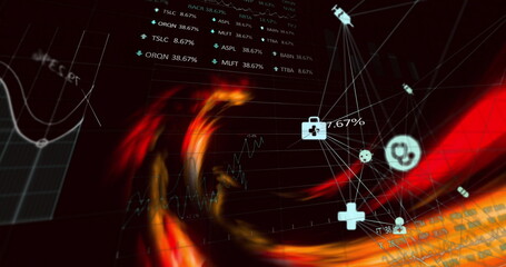 Poster - Swirling red ribbon showing stock tickers on grid with briefcase stethoscope cross pill icons