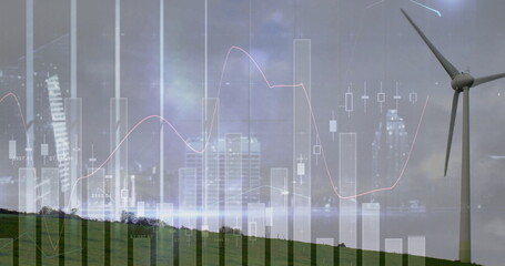 Poster - Dominating grassy hill, wind turbine looming under cloudy sky, financial chart overlays, copy space