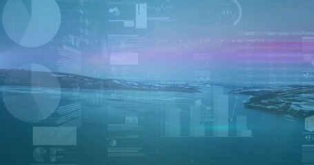Poster - Displaying coastal bay scene showing calm snow-dusted hills under pale sky, with HUD panels