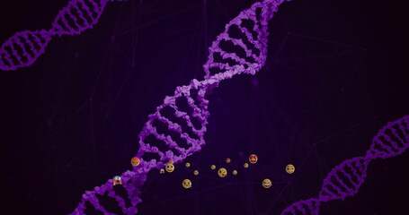 Poster - Twisting purple DNA double helix spiraling over dark purple backdrop, with floating emoji icons