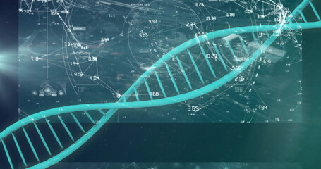 Poster - Rendering DNA double helix spanning teal background, with numeric data and network lines