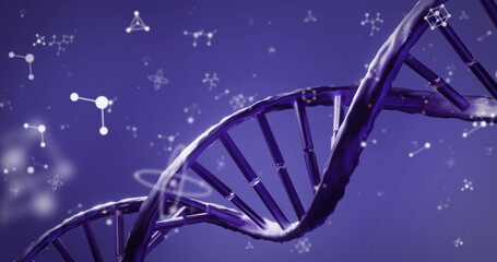Poster - DNA double helix twisting in virtual space, with floating molecular, atom and bond icons