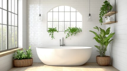 Poster - Modern Minimalist Bathroom with Freestanding Tub and Greenery