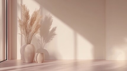 Poster - Elegant Minimalist Interior with Decorative Vases and Dried Pampas Grass