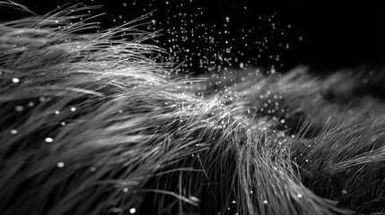 Poster - Abstract Black and White Background with Textured Hair and Sparkling Particles Creating a Dreamy Atmosphere