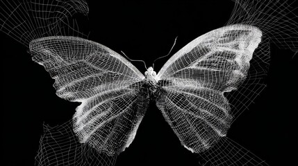 Poster - Delicate White Butterfly in Wireframe Style Against Black Background for Artistic and Creative Projects