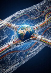 Poster - Global Network Illustration - A illustration depicting Earth connected by a transparent, wired structure, symbolizing global connectivity, technology, communication, data flow, and the interconnected