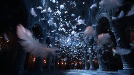 Poster - Ethereal Scene with Floating Feathers in a Grand Architectural Space Illuminated by Soft Light