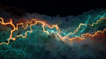 Poster - Dynamic Abstract Lightning Bolt Pattern in Dark Stormy Sky with Colorful Swirls of Light and Deep Shadows